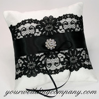 Dupioni Silk & Lace Ring Pillow - Black & White