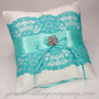 Dupioni Silk & Lace Ring Pillow with Aqua Lace