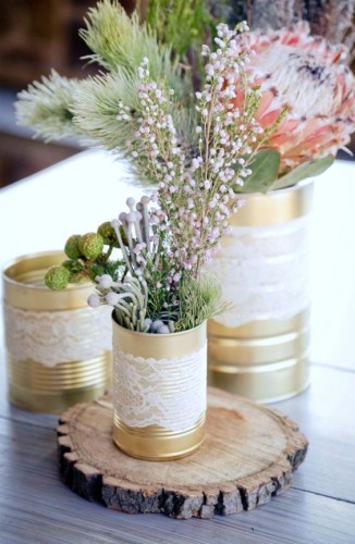 Gold Tin Cans Wrapped in Lace with Flowers