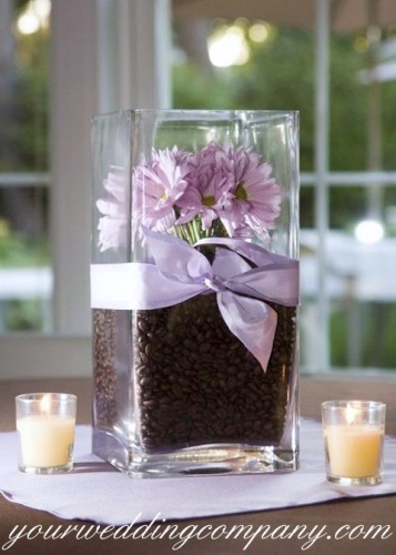Tall Glass Vase with Coffee Beans, Flowers and Ribbon