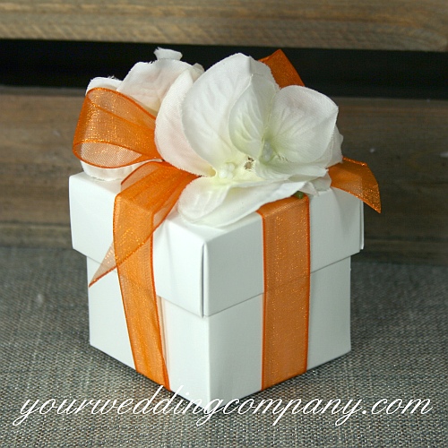 Boxed Wedding Favor Idea - White Box With Orange Ribbon & White Flowers