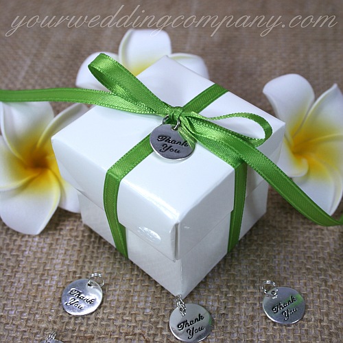 Boxed Wedding Favor Idea - White Box With Green Ribbon and Silver Charm