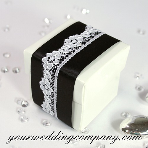 Boxed Wedding Favor Idea - White Box With Black Ribbon and White Lace