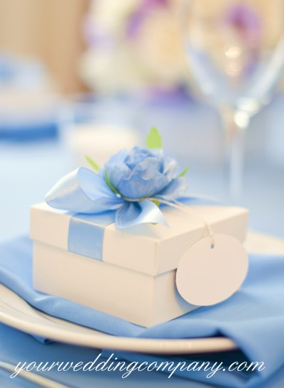 Boxed Wedding Favor Idea - White Box With Blue Ribbon and Flower