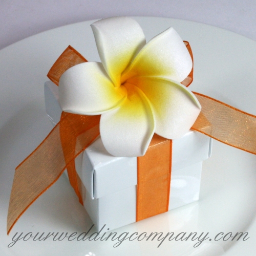 Boxed Wedding Favor Idea - White Box With Orange Ribbon and Foam Plumeria Flower