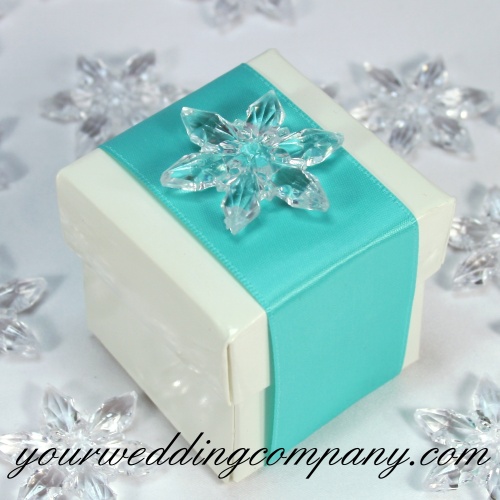 Boxed Wedding Favor Idea - White Box With Blue Ribbon & Acrylic Snowflake