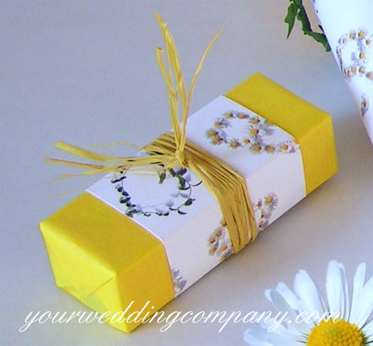 Boxed Wedding Favor Idea - Yellow Wrapped Box With White Printed Paper and Raffia