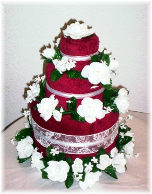 Burgundy and White Towel Cake