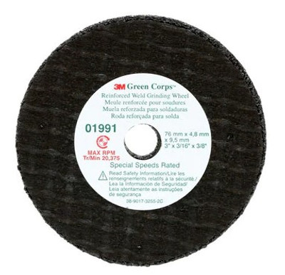 3M Green Corps Reinforced Weld Grinding Wheel 01991, 3 in x 0.22 in x 3/8 in, 5 Each/Pack, 10 Packs/Case by 3M (7100229883)