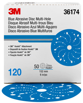 3M Hookit Blue Abrasive Disc Multi-hole, 36174, 6 in, 120 grade, 50 discs per carton, 4 cartons per case by 3M (7100091245)