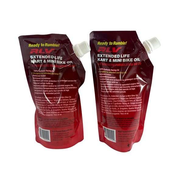 RLV OIL0240 14Oz Pouch Of El Minibike & Kart Oil, Extended Life 4-T Synthetic Formulation 5W-30 For 4-Cycle Engines, 4 Pack