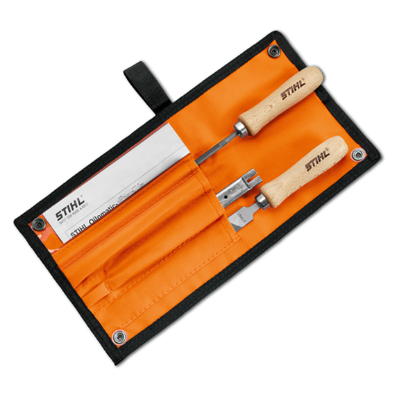 Complete Filing Kit for 0.325" saw chain with 3/16" file, guide, depth gauge tool, flat file, two wood handles and storage pouch