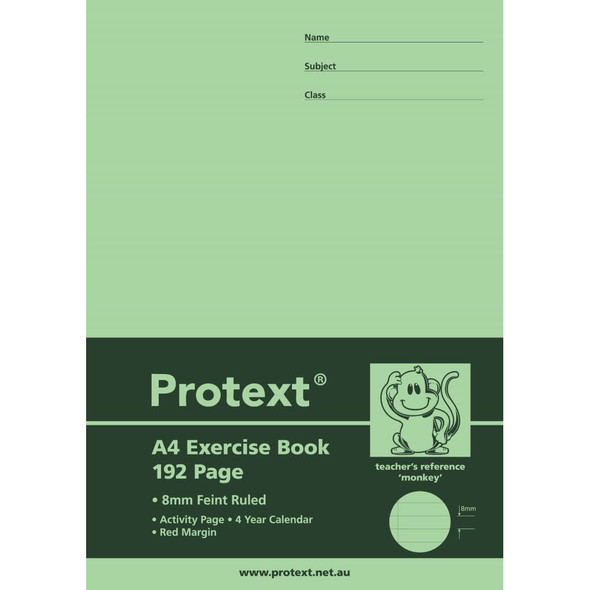Protext A4 192pg Exercise Book 8mm Ruled + Margin - Monkey