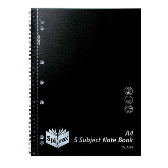 Spirax 4311100 P596 PP 5 Subject Notebook A4 250 Page Black Side Opening