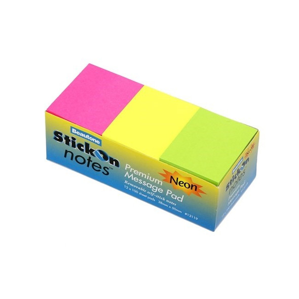 Stick On Notes 38mmx50mm 12 Pads x 100 Sheets Neon Assorted