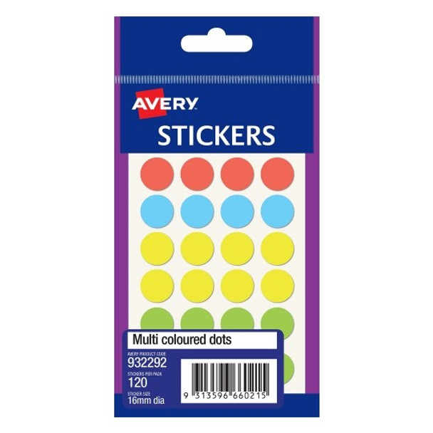 Avery Assorted Dot Stickers 16mm Diameter Round Permanent