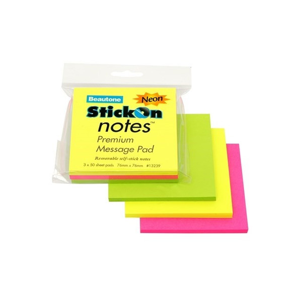 Stick On Notes 76mm x 76mm 3 Pads x 50 Sheets - Neon Assorted