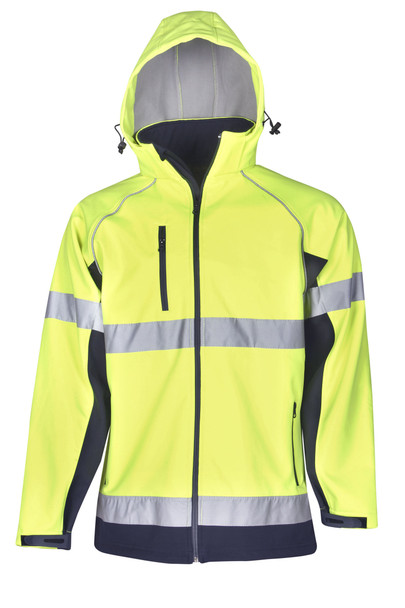 Hooded Hi Vis Soft Shell Jacket Day/Night Use - Yellow/Navy