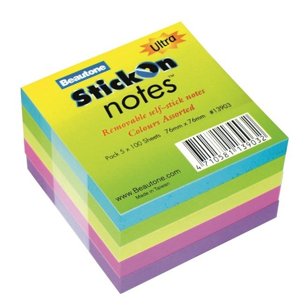 Stick On Notes 76mmx76mm 5 Pads x100 Sheets Ultra