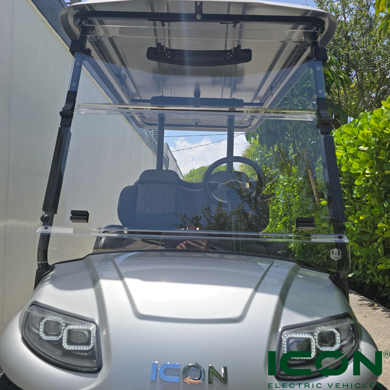 ICON EV Golf Cart Clear Folding Windshield - 2 Piece, WS-723-IC, 3.02.012.000540, 3.204.02.000032