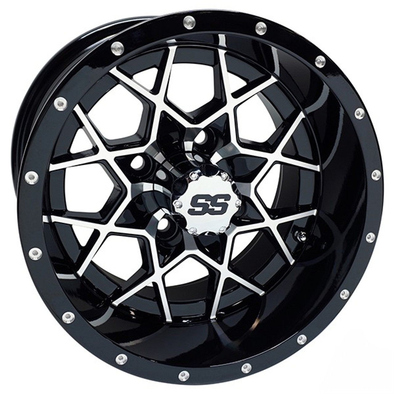 12x7 ET-25 Machined Gloss Black Golf Cart Wheel, TIR-RX385