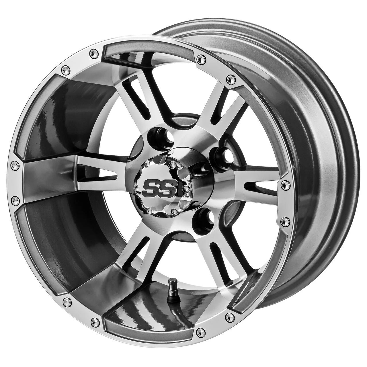 Revenge 14x7 Raptor Gun Metal Gray & Machined Golf Cart Wheel 3:4 Offset, ISL-08141