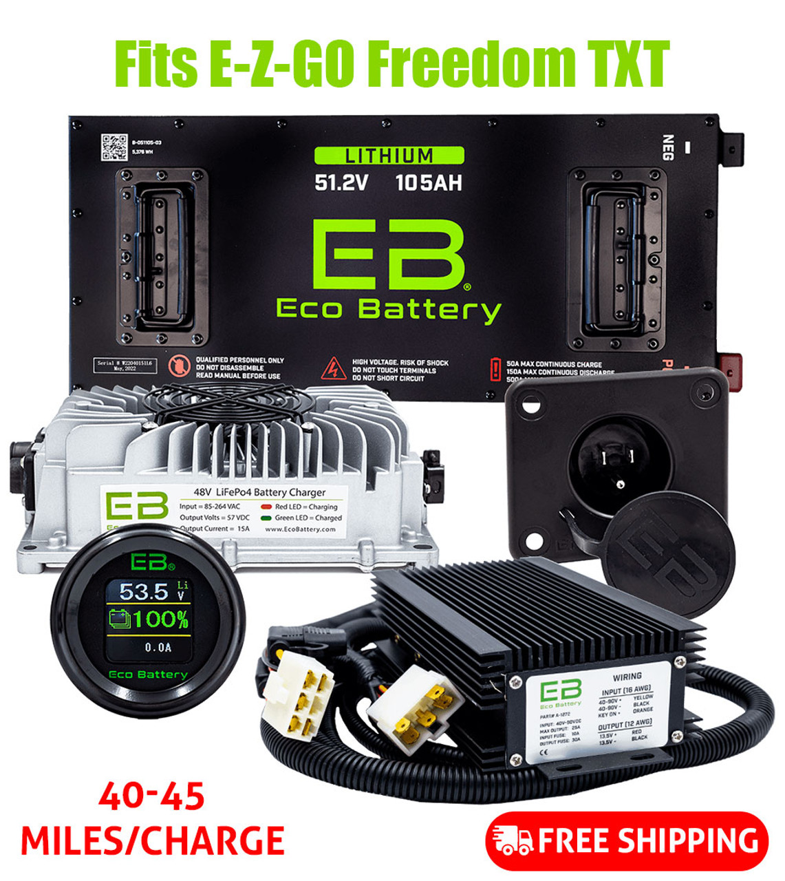 Eco Battery 48-51V 105aH "Skinny" E-Z-GO Freedom TXT Lithium Golf Cart Battery Bundle Kit with Charger & 12V Converter, B-3281