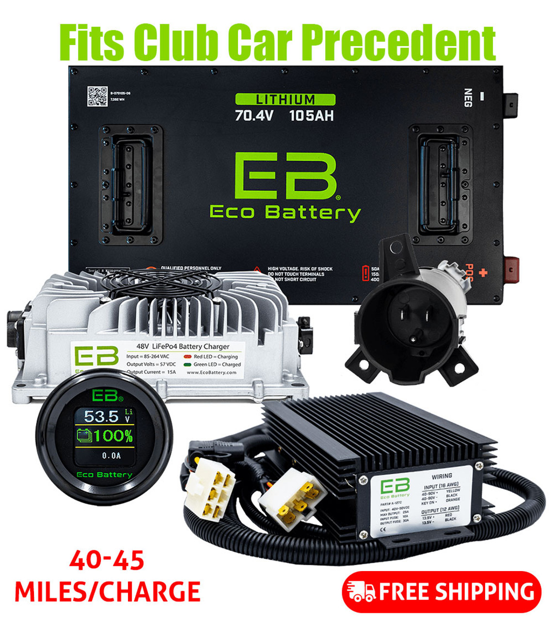 Eco Battery 70V 105Ah LifePo4 Club Car Precedent Golf Cart Lithium Battery Bundle Kit with Charger & 12V Converter (2009-Up), B-3144