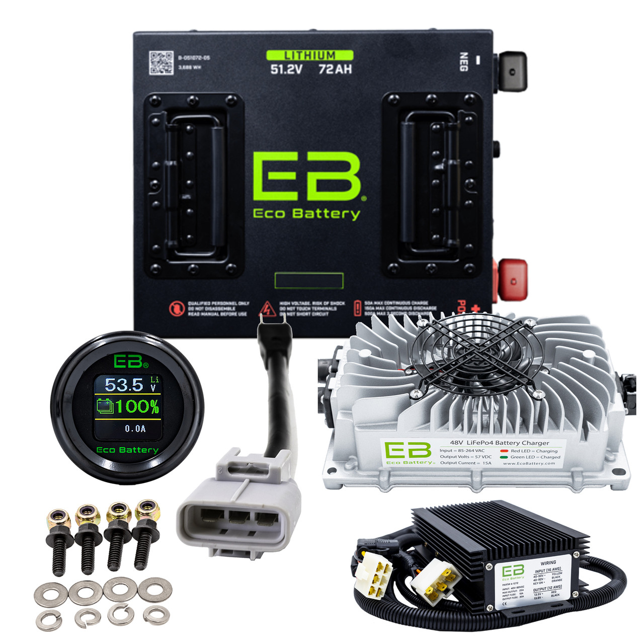 Eco Battery 48-51V 72Ah LifePo4 "Cube" Yamaha G1-G16 Lithium Golf Cart Battery Bundle Kit with Charger & 12V Converter (2007-2016), B-3543