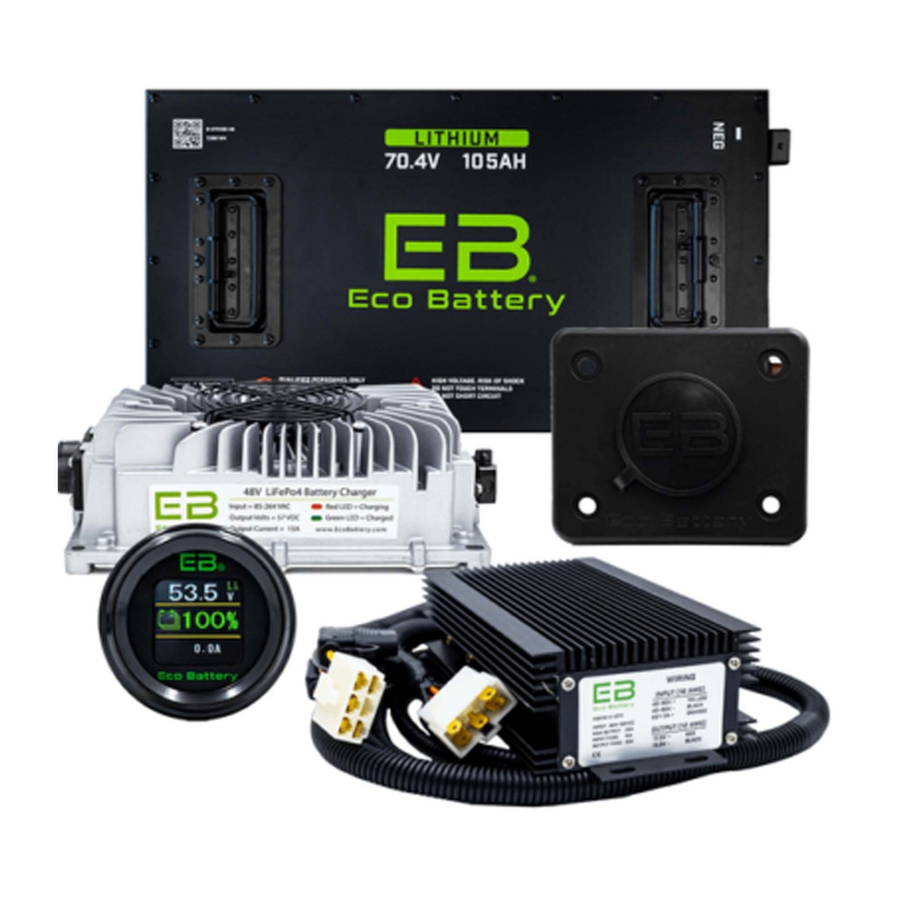 Eco Battery 70V 105Ah LifePo4 EZGO Freedom RXV Golf Cart Lithium Battery Bundle Kit with Charger & 12V Converter, B-3234