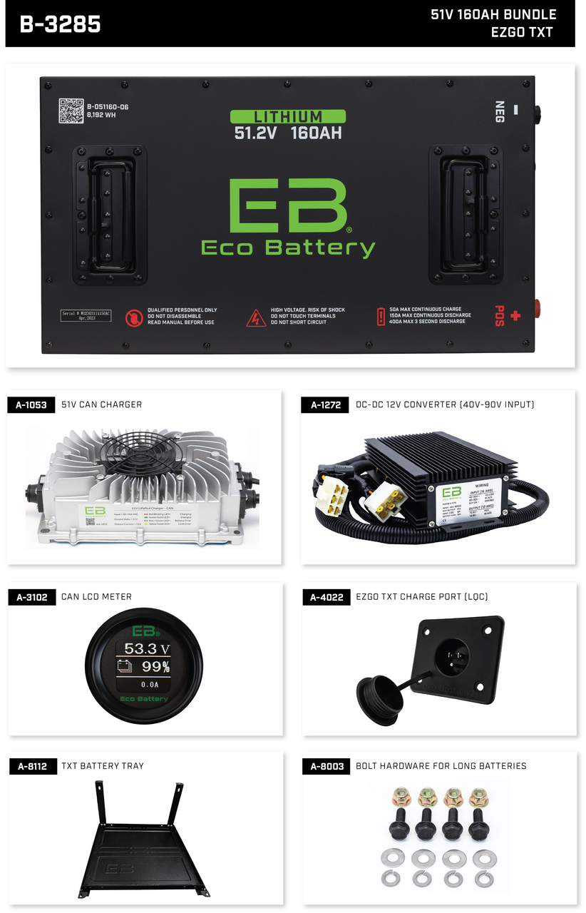Eco Battery 48-51V 160Ah LifePo4 E-Z-GO TXT Lithium Golf Cart Battery Bundle Kit with Charger & 12V Converter, B-3285