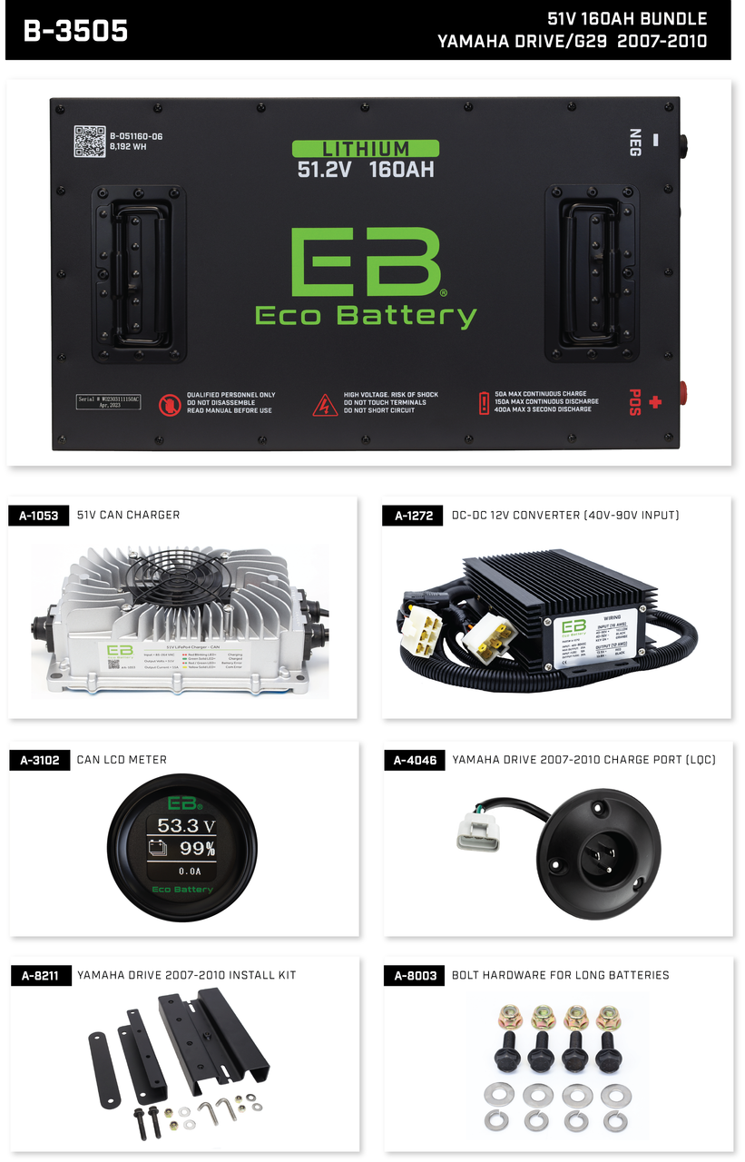 Eco Battery 48-51V 160Ah LifePo4 Yamaha G29/Drive Golf Cart Lithium Battery Bundle Kit with Charger & 12V Converter 2007-2010, B-3505