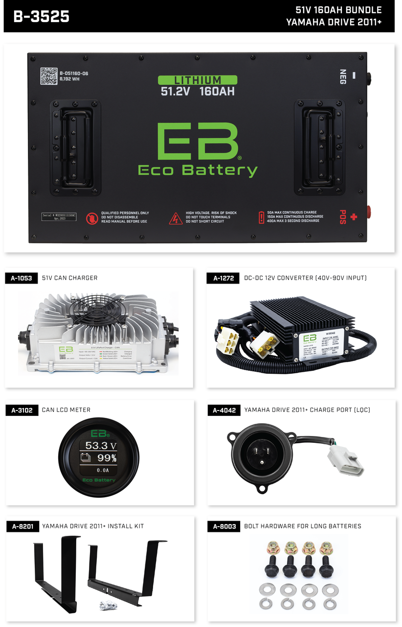 Eco Battery 48-51V 160Ah LifePo4 Yamaha Drive Golf Cart Lithium Battery Bundle Kit with Charger & 12V Converter 2011-Up, B-3525