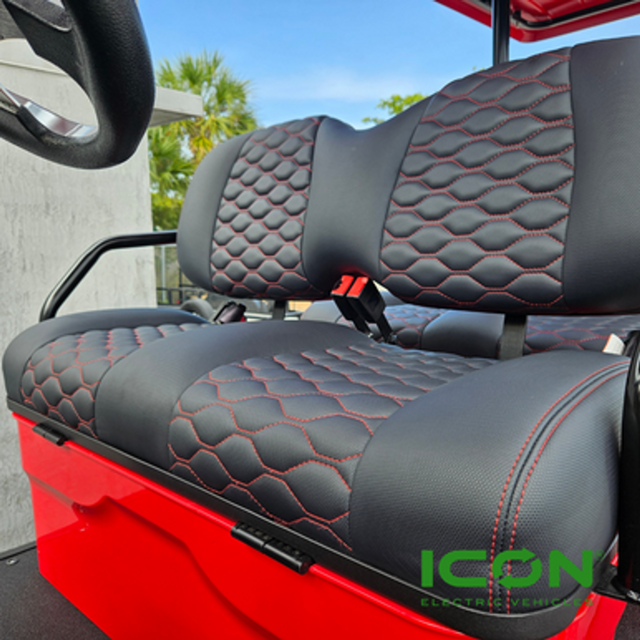 ICON Black Comfort Custom Seat Cool Touch Base with Stretch Hex Pattern with Red Stitching, STC-BLKHEXRED-IC-COMF