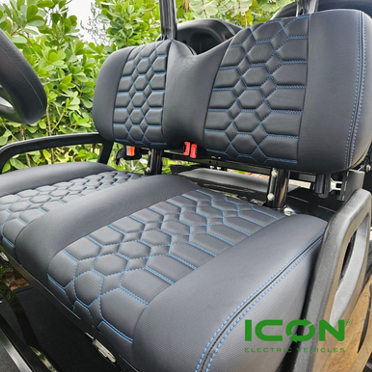 ICON Black Comfort Custom Seat Cool Touch Base with Lando Pattern and Blue Stitching, STC-BLKLANBL-IC-COMF