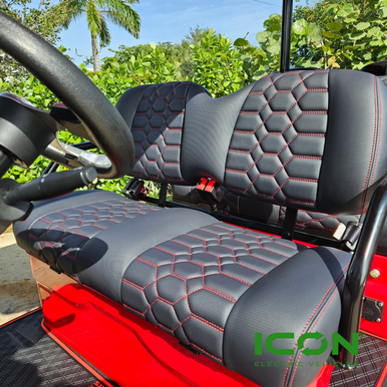 ICON Black Custom Comfort Seat Cool Touch Base with Lando Pattern and Red Stitching, STC-BLKLANRED-IC-COMF