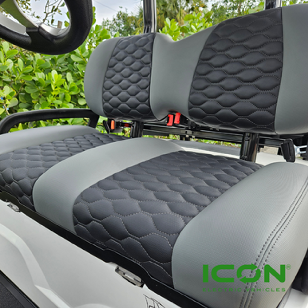 ICON Comfort Two Tone Gray and Charcoal Custom Seat Cool Touch Base with Stretch Hex Pattern and Gray Stitching, STC-2GRYCHAHEXGRA-IC-COMF