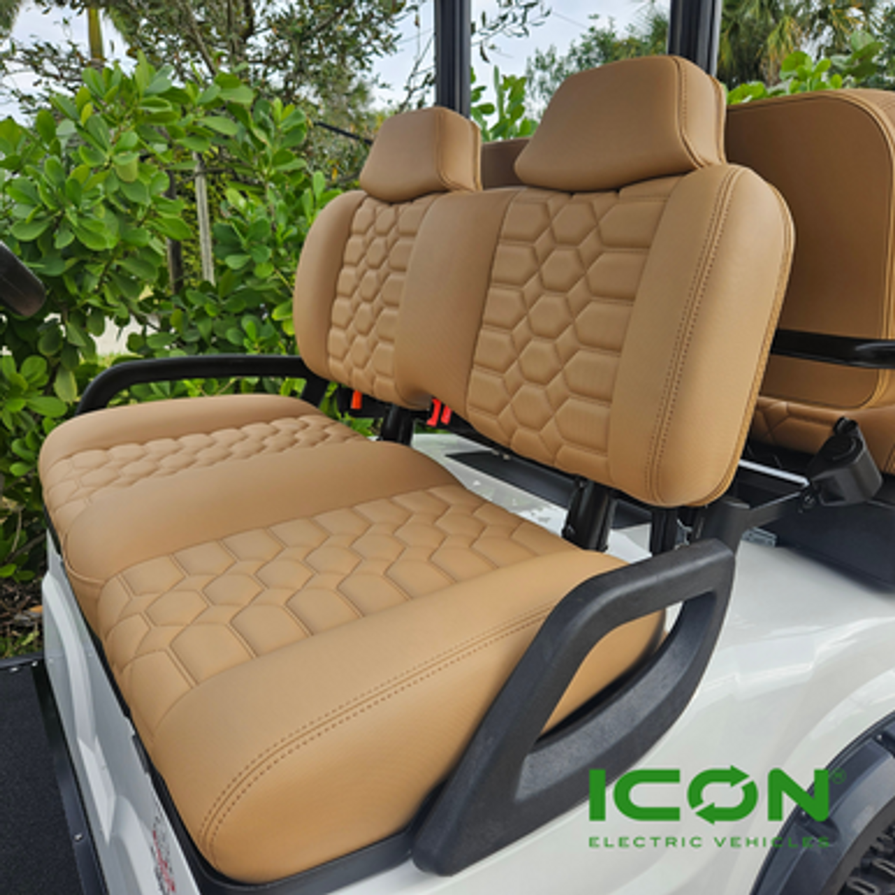 ICON Saddle Custom Premium Seat Cool Touch Base with Lando Pattern and Light Brown Stitching, STC-SADLANLBR-IC-PREM