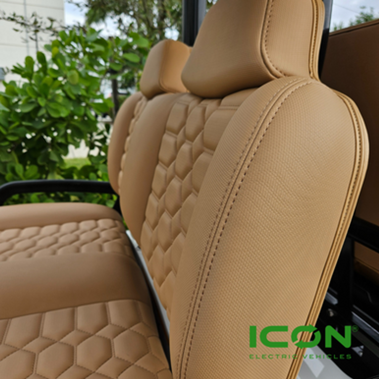 ICON Saddle Custom Premium Seat Cool Touch Base with Lando Pattern and Light Brown Stitching, STC-SADLANLBR-IC-PREM