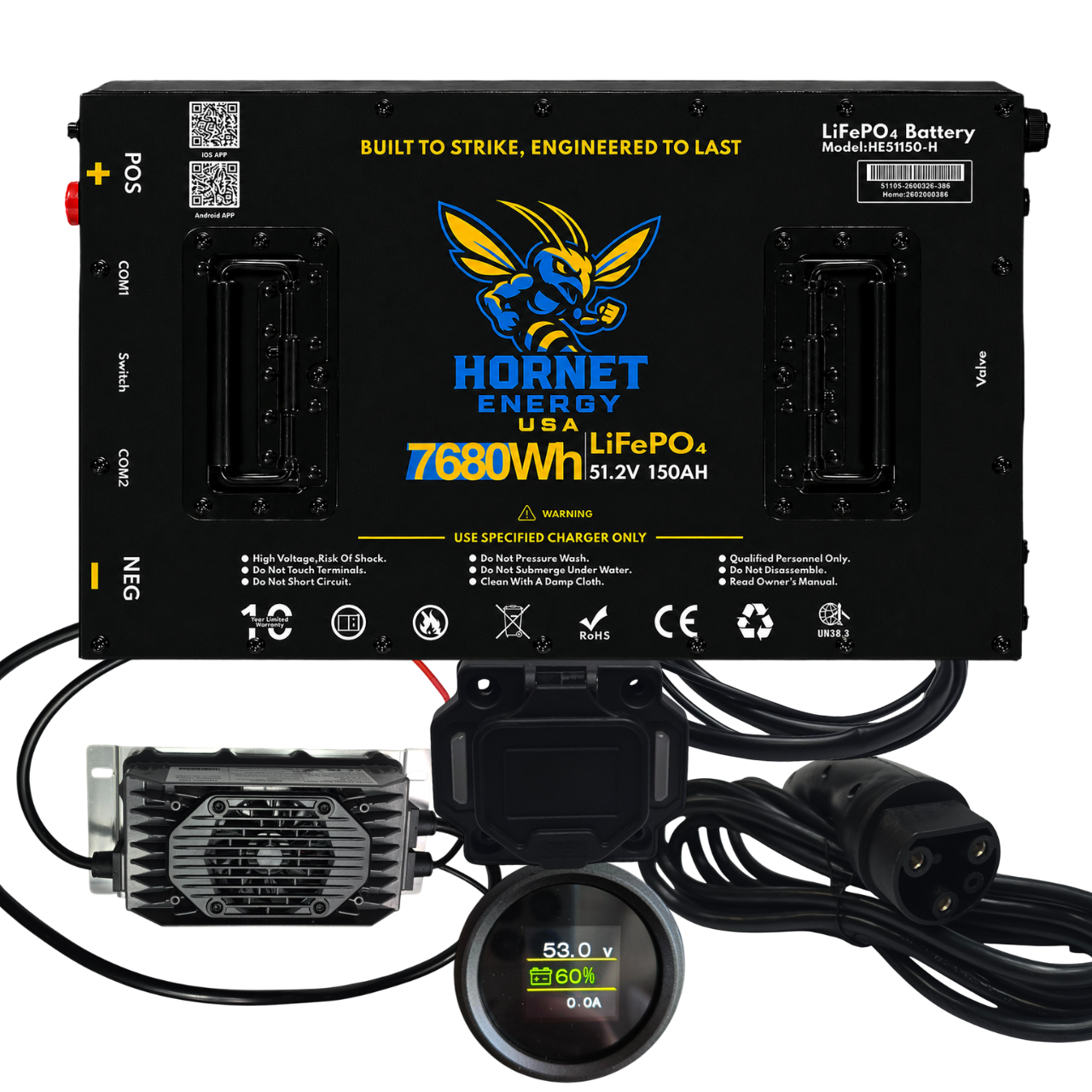 Hornet Energy 51.2V 150Ah LiFePO4 Lithium Battery Bundle Kit – Heated, Fire Suppression, Smart BMS, Bluetooth