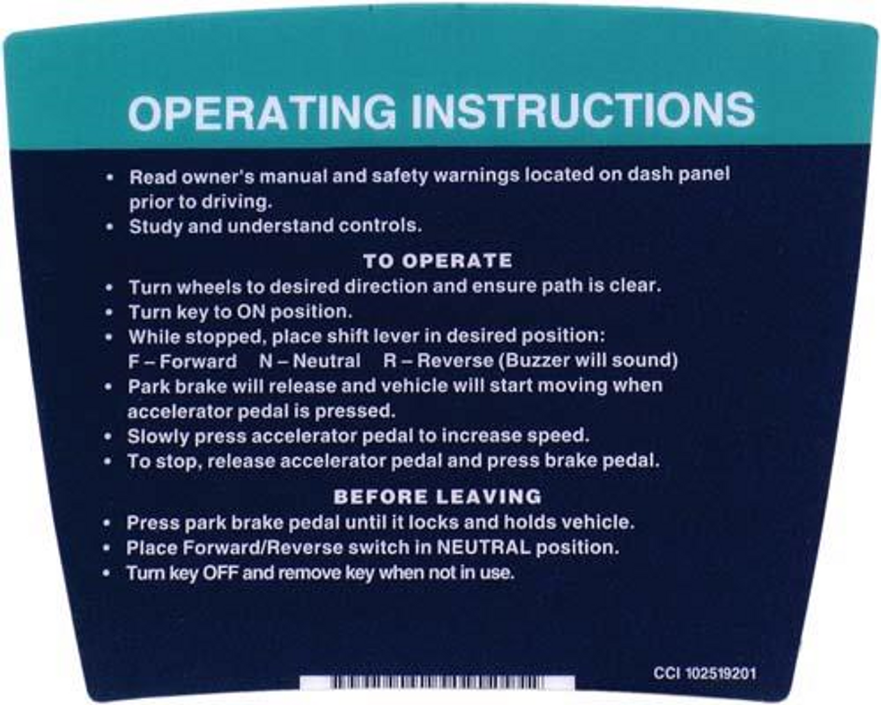 Club Car DS Operating Instructions Decal (1992+), 14287