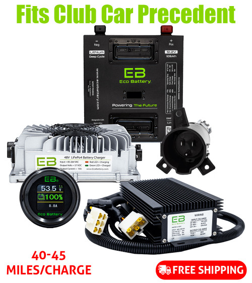 Eco Battery 48-51V 105aH "Thru Hole" Club Car Precedent Lithium Golf Cart Battery Bundle Kit with Charger & 12V Converter (2009-Up), BTRY-774