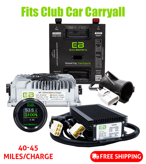 Eco Battery 48-51V 105aH "Thru Hole" Club Car Carryall Lithium Golf Cart Battery Bundle Kit with Charger & 12V Converter, BTRY-772