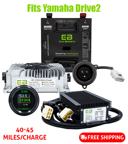 Eco Battery 48-51V 105aH "Thru Hole" Yamaha Drive2 Lithium Golf Cart Battery Bundle Kit with Charger & 12V Converter (2010-2013), BTRY-779
