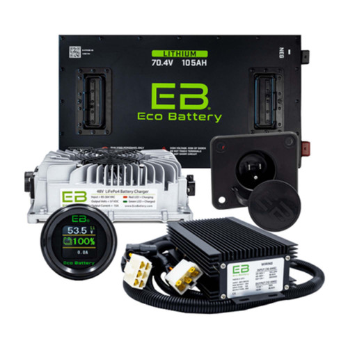 Eco Battery 70V 105Ah LifePo4 Navitas Chasis Golf Cart Lithium Battery Bundle Kit with Charger & 12V Converter, B-3444 Eco Battery 70V 105Ah LifePo4 Navitas Chasis Golf Cart Lithium Battery Bundle Kit with Charger & 12V Converter, B-3444
