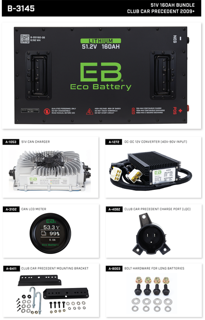 Eco Battery 48-51V 160Ah LifePo4 Club Car Precedent Lithium Golf Cart Battery Bundle Kit with Charger & 12V Converter 2009-Up, B-3145 Eco Battery 48-51V 160Ah LifePo4 Club Car Precedent Lithium Golf Cart Battery Bundle Kit with Charger & 12V Converter 2009-Up, B-3145