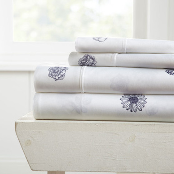 Indigo Flowers Patterned 4-Piece Sheet Set ienjoy home