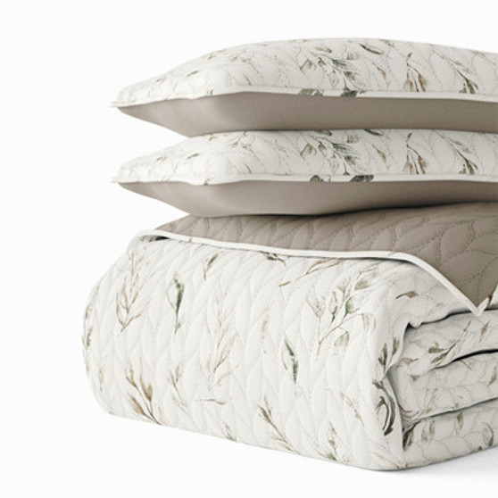 Hotel Coverlet Reversible Quilt Set In Watercolor Leaves/Stripe ienjoy home