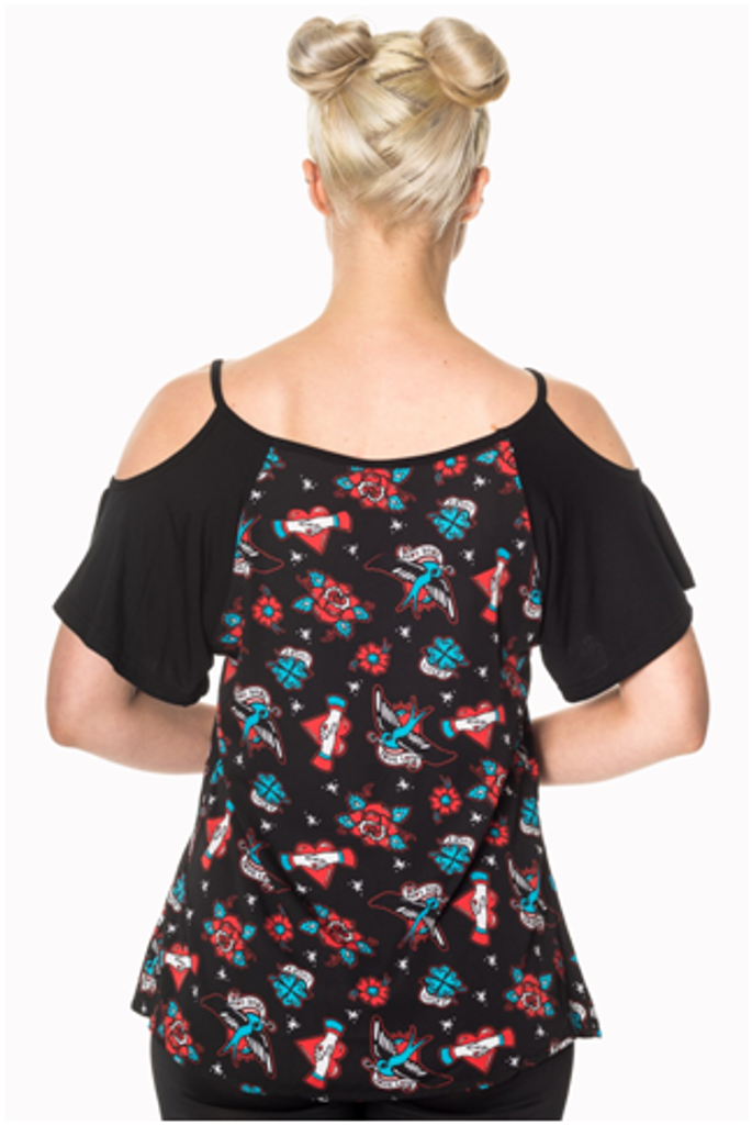 SALE Rockabilly True Love, Roses and Swallow Cold Shoulder Top 