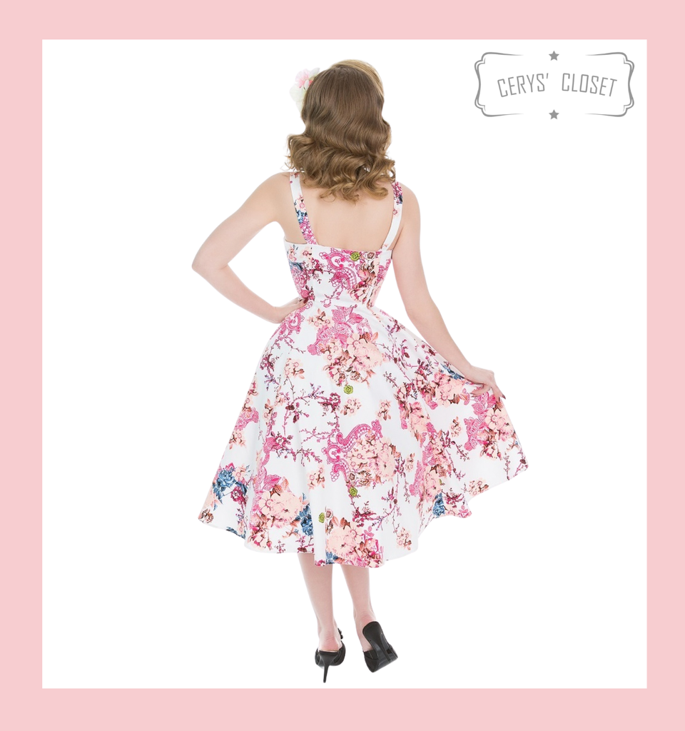 Pink Peach and White Floral 50s Vintage Inspired Sleeveless Swing Dress 